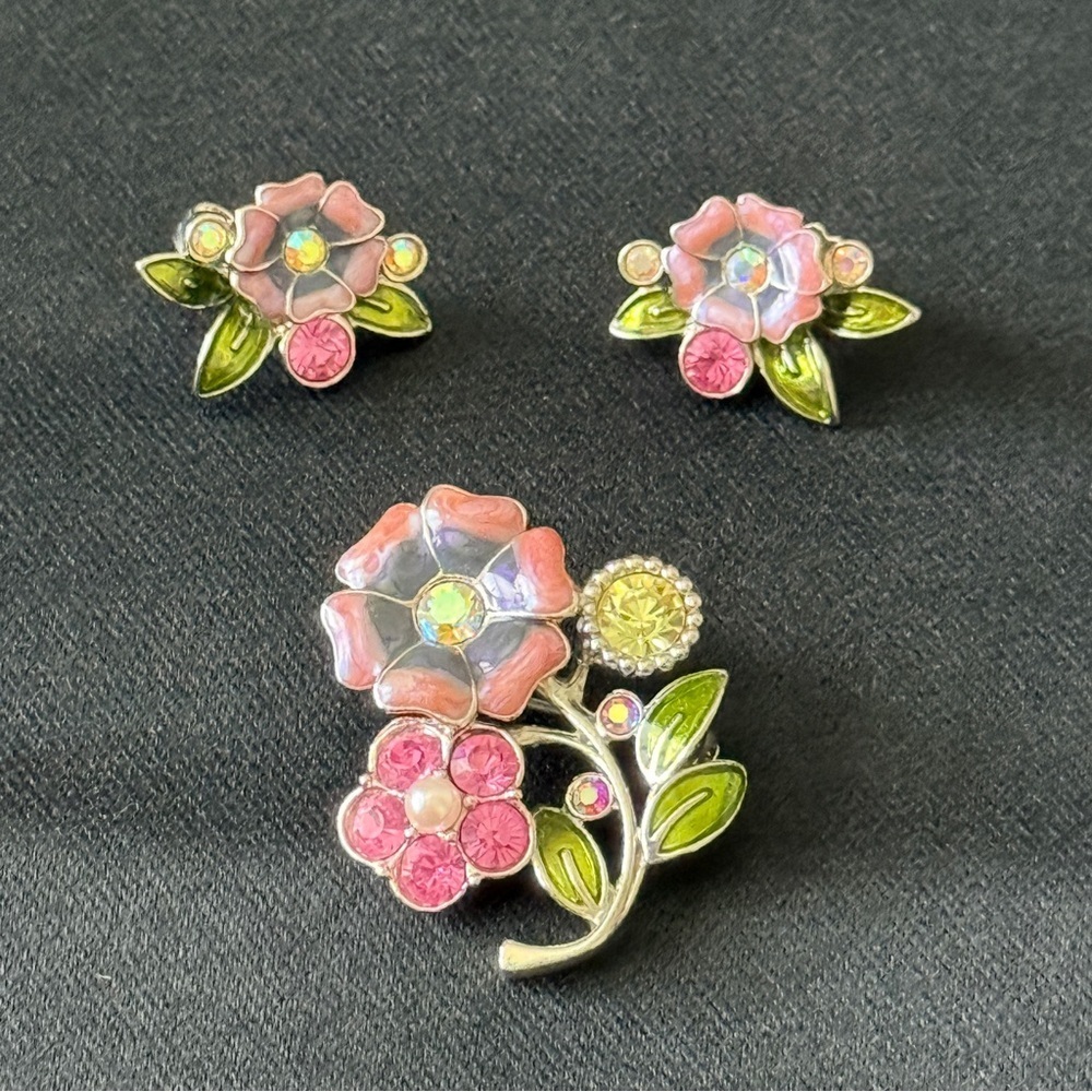 Vintage Floral Pink and Green Earrings and Pin Jewelry Set